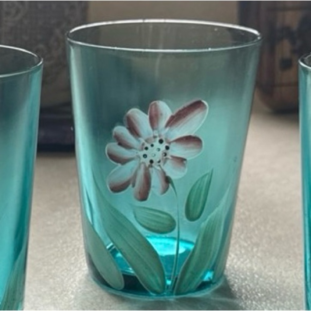Vintage Signed Northwood Aqua Hand-Painted Floral Glass Tumblers – Set of 4